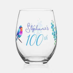 Blue Birdie Forget Me Not Floral 100th Birthday Stemless Wine Glass