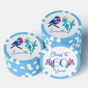 Blue Birdie Forget Me Not Flowers 60th Birthday Poker Chips