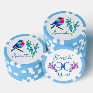 Blue Birdie Forget Me Not Flowers 90th Birthday Poker Chips