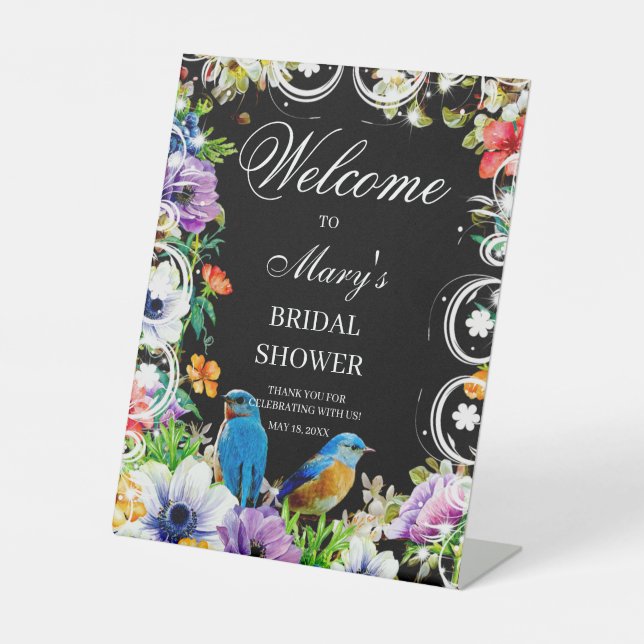 Blue Birds And Botanical Bridal Shower welcome Pedestal Sign (Front)