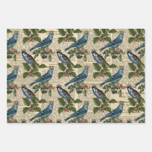 Blue Birds and Christmas Holly Berries Wrapping Paper Sheet