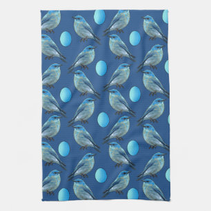 Blue Birds and Eggs Pattern Tea Towel
