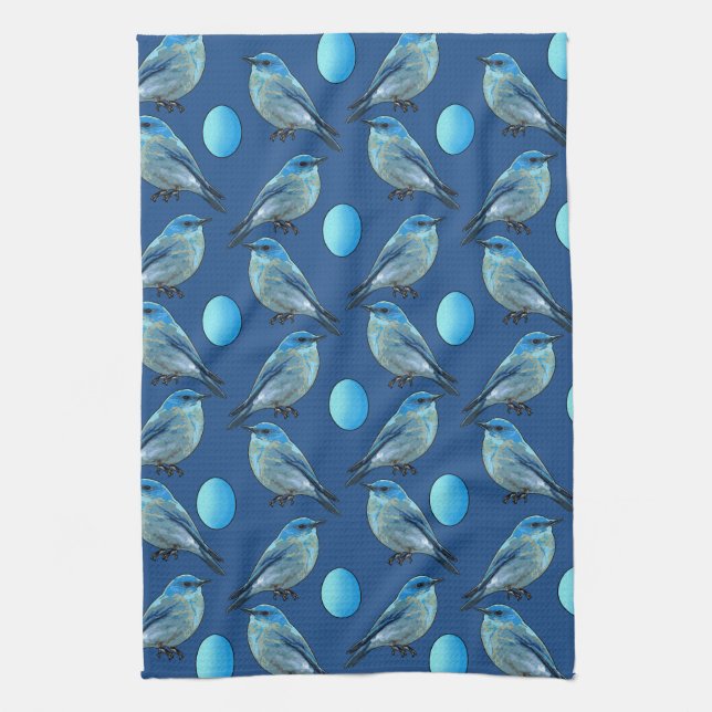 Blue Birds and Eggs Pattern Tea Towel (Vertical)