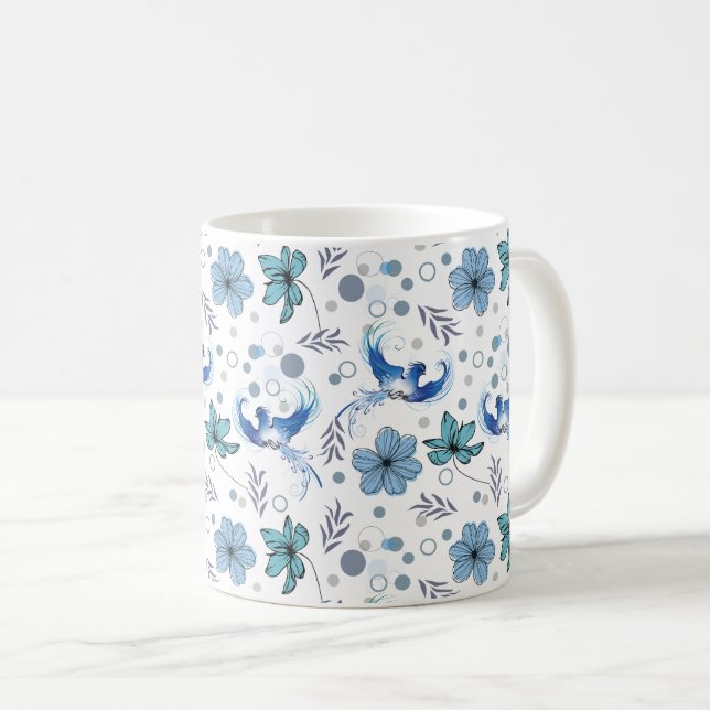 Blue Birds and Floral Harmony Seamless Pattern Coffee Mug (Front Right)