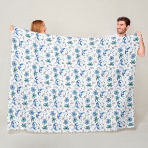 Blue Birds and Floral Harmony Seamless Pattern Fleece Blanket