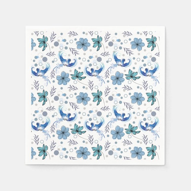 Blue Birds and Floral Harmony Seamless Pattern Napkin (Front)