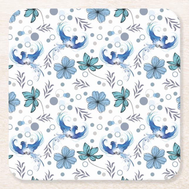 Blue Birds and Floral Harmony Seamless Pattern Square Paper Coaster (Front)