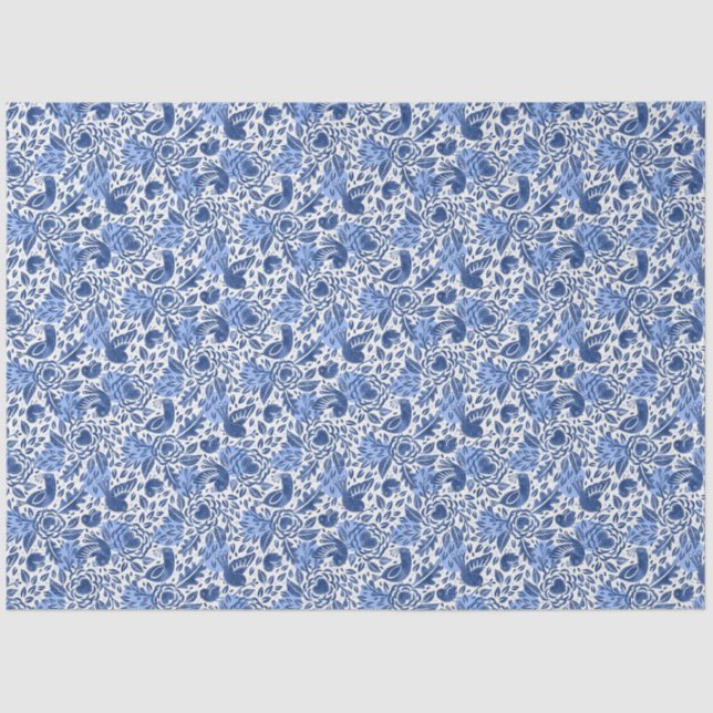 Blue Birds and Hearts Illustrated Decoupage Tissue Paper (Front)