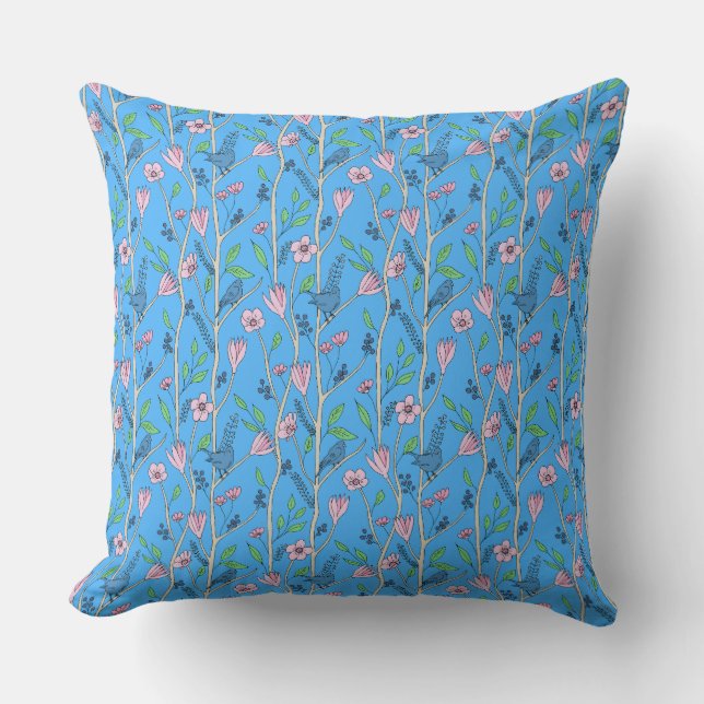 Blue Birds and Pink Flowers Cushion (Front)