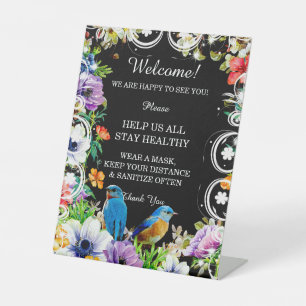 Blue Birds & Botanical Floral Safety Measures Pedestal Sign