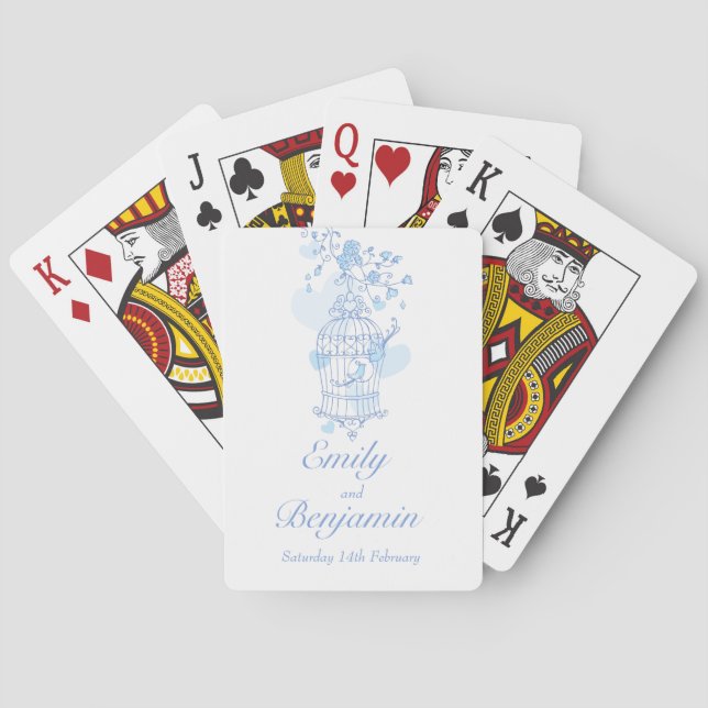 Blue birds cage wedding name playing cards (Back)