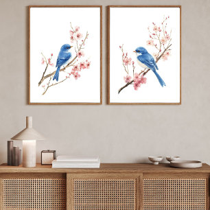 Blue Birds Cherry Blossoms Watercolor Wall Art