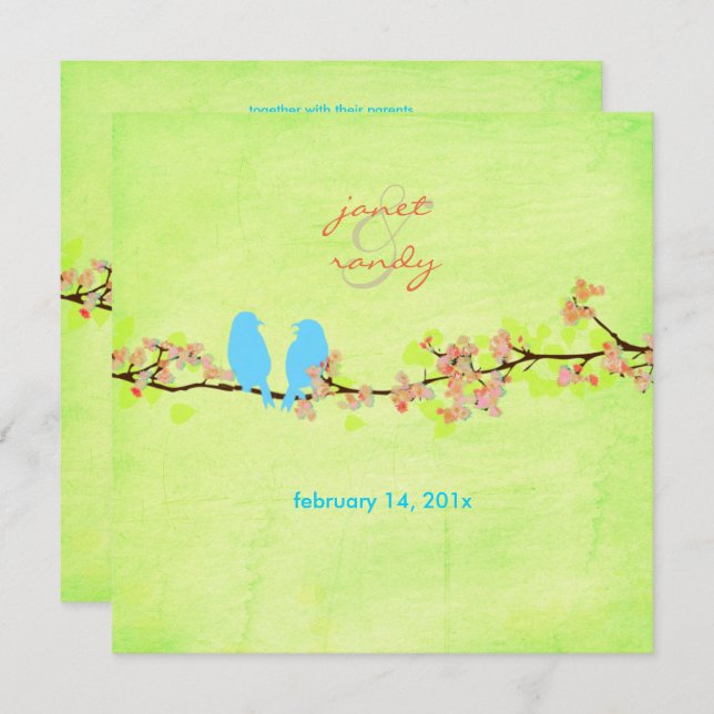 Blue birds/colourful blossoms/grunge lime invitation (Front/Back)