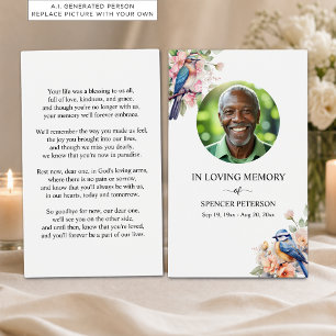 Blue Birds Floral Memorial Photo Prayer Card