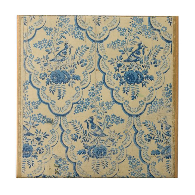 Blue Birds Flower Antique Ruffles White Blue Ceramic Tile (Front)