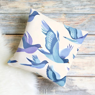 Blue Birds Flying   Modern Watercolor Cushion