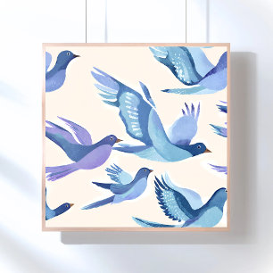 Blue Birds Flying   Modern Watercolor Poster