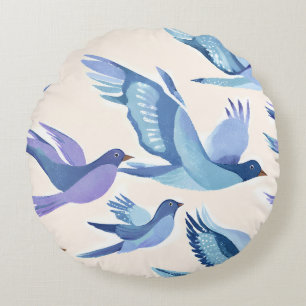Blue Birds Flying   Modern Watercolor Round Cushion