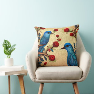 Blue Birds Folk Art Red Flowers Swirls Cushion