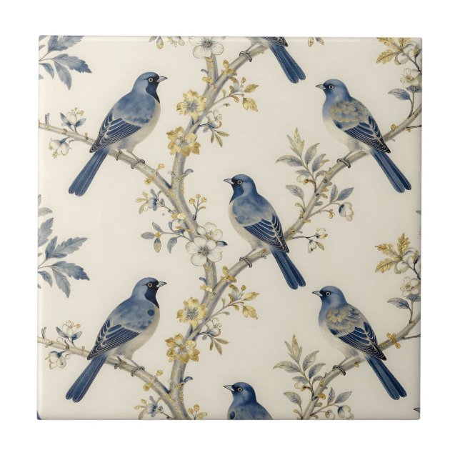 Blue Birds Golden Blossom Pattern Ceramic Tile (Front)