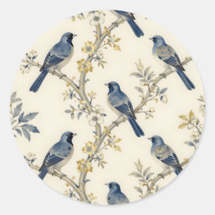 Blue Birds Golden Blossom Pattern Classic Round Sticker