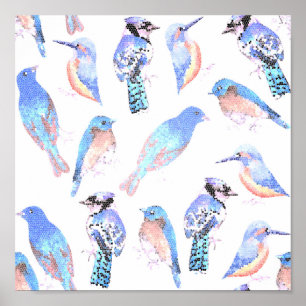 Blue birds in mosaic effect poster