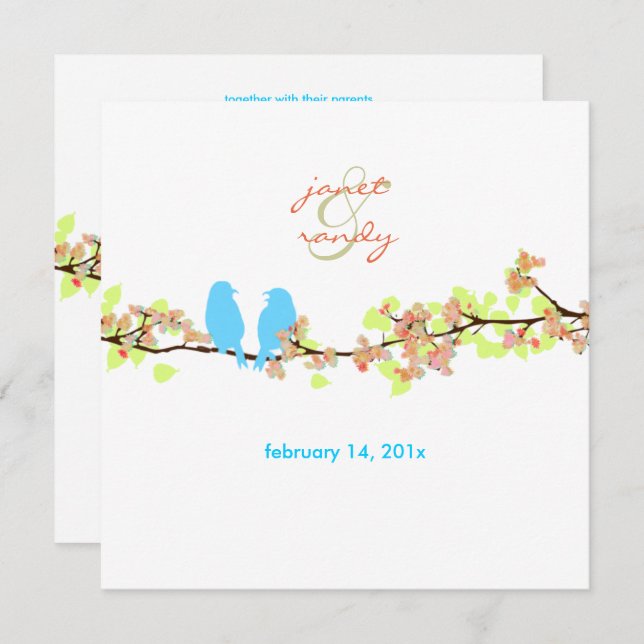 Blue birds, love birds/colourful blossoms invitation (Front/Back)