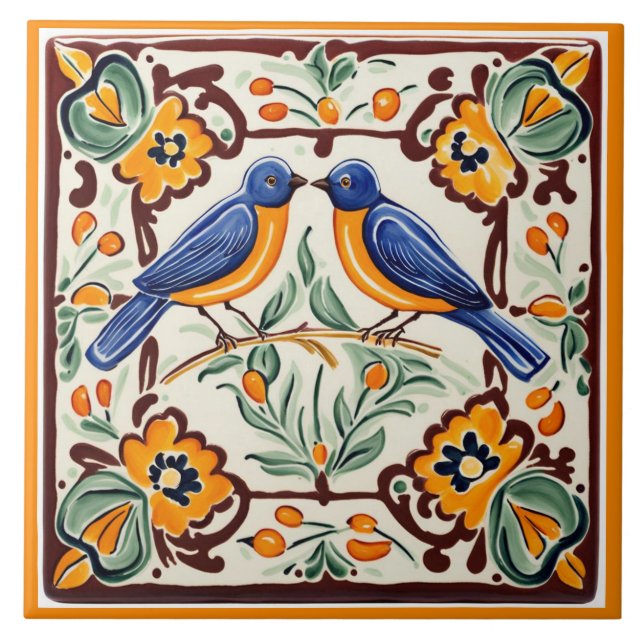 Blue birds Mediterranean BlueBird Folk Floral Ceramic Tile (Front)