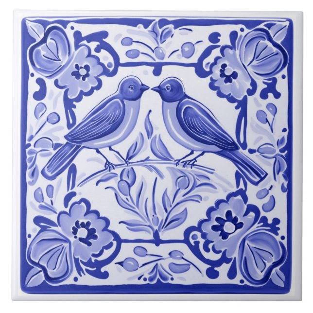 Blue birds Mediterranean BlueBirds Folk Floral Ceramic Tile (Front)