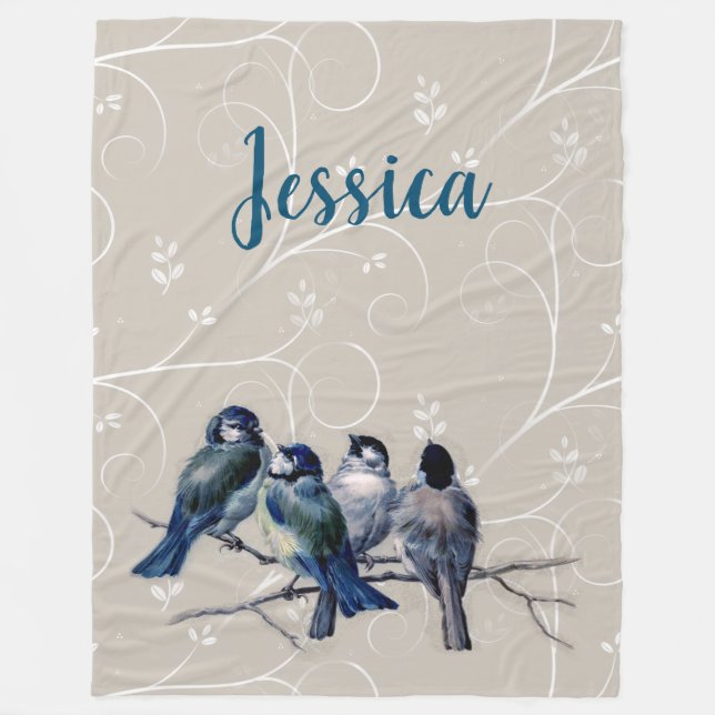 Blue Birds on a Branch Fleece Blanket (Front)