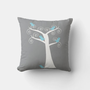 Blue Birds on White Tree Grey Background Nature Cushion