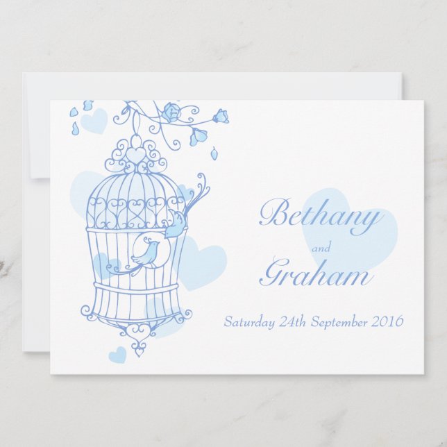 blue birds open cage wedding invitation (Front)