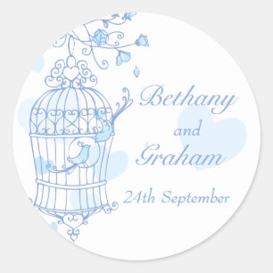 Blue birds open cage wedding sticker