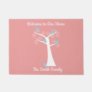 Blue Birds Pink Welcome Personalised Doormat
