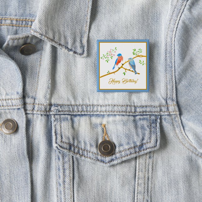 Blue Birds Square Birthday Button (In Situ)