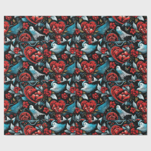 Blue Birds Tattoo Hearts Digital Theme Wrapping Paper