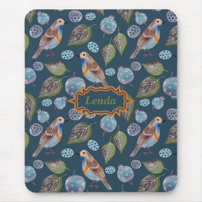 Blue Birds Watercolor Pattern Mouse Pad (Front)