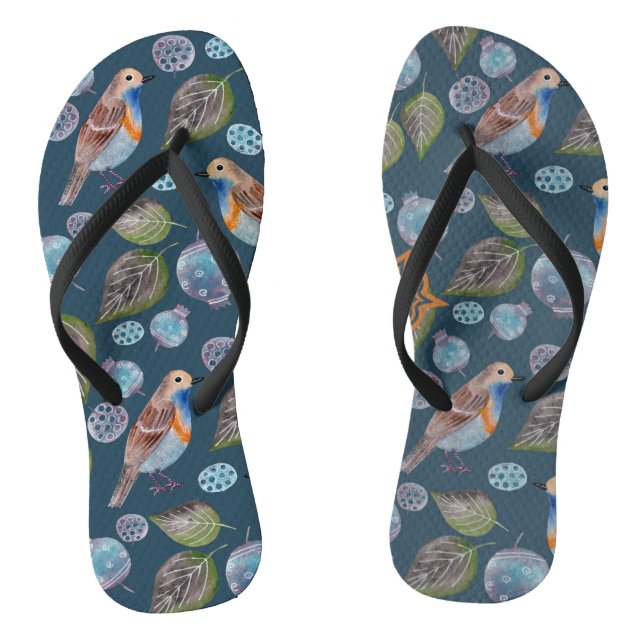 Blue Birds Watercolor Pattern Thongs (Footbed)