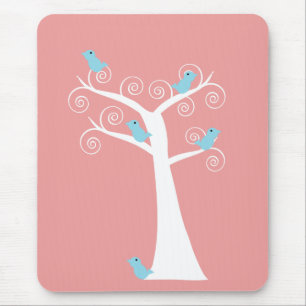 Blue Birds Whimsical Nature Tree Pink Background Mouse Pad