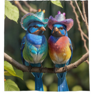 Blue Birds with Sparkly Cowboy Hats Shower Curtain