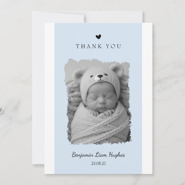 Blue birth announcement card with photo (Front)