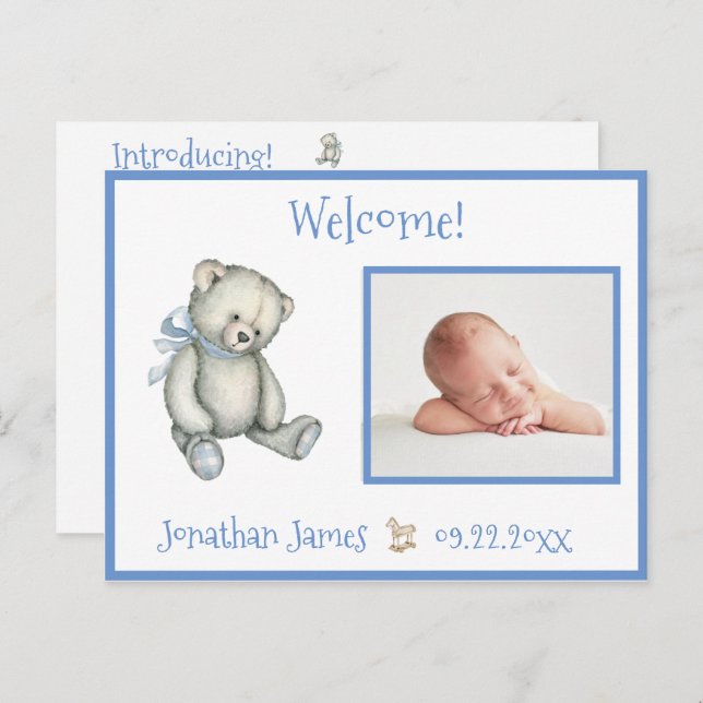Blue Birth Photo Bear Baby Announcement (Front/Back)