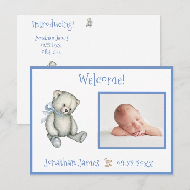 Blue Birth Photo Bear Baby Announcement Postcard (Front/Back)