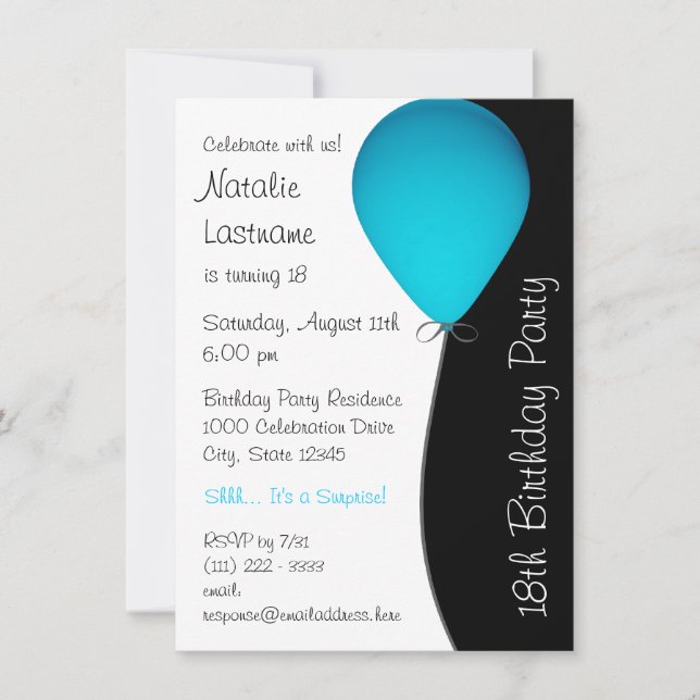 Blue Birthday Balloon Invitation (Front)