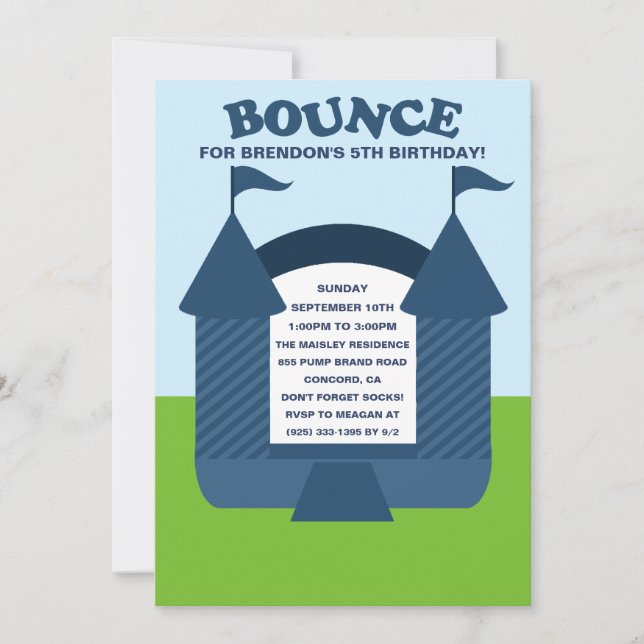 Blue Birthday Bounce Bouncy House Birthday Party Invitation (Front)