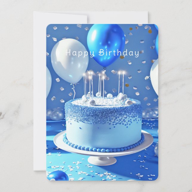  Blue Birthday Cake Pretty Balloons Confetti Card (Front)
