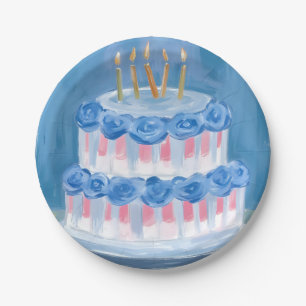 Blue Birthday Cake Watercolor Celebration Party Paper Plate