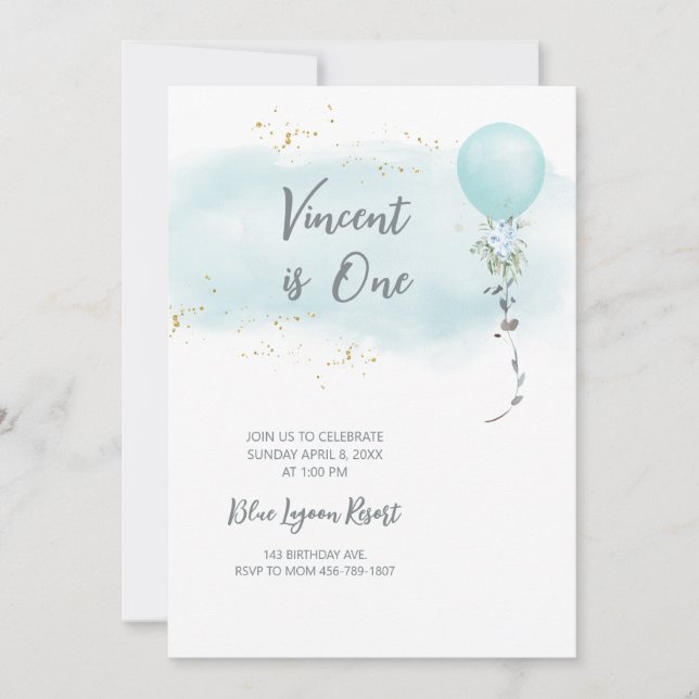 Blue Birthday Invitation baby Boy water colour  (Front)