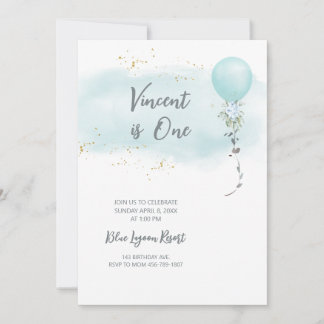 Blue Birthday Invitation baby Boy water colour