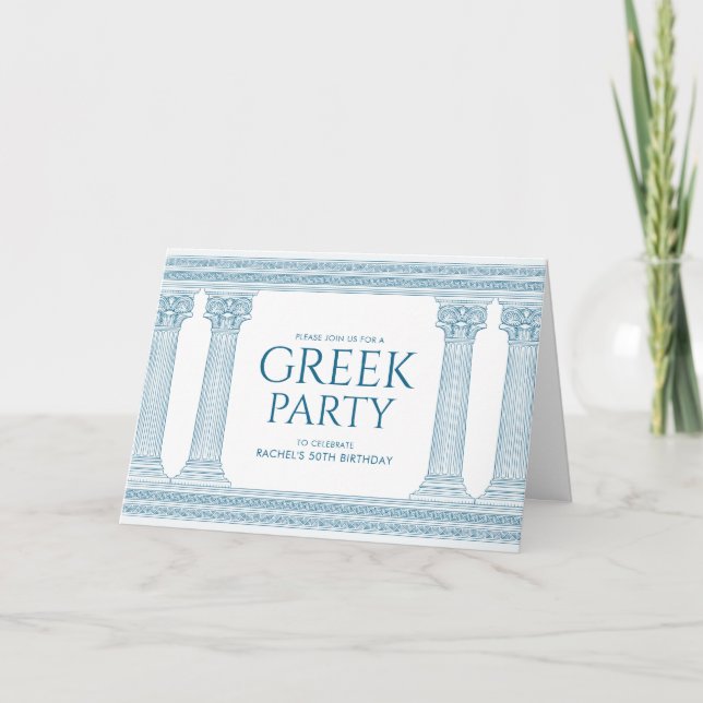 Blue birthday party invitation with Greek columns (Front)